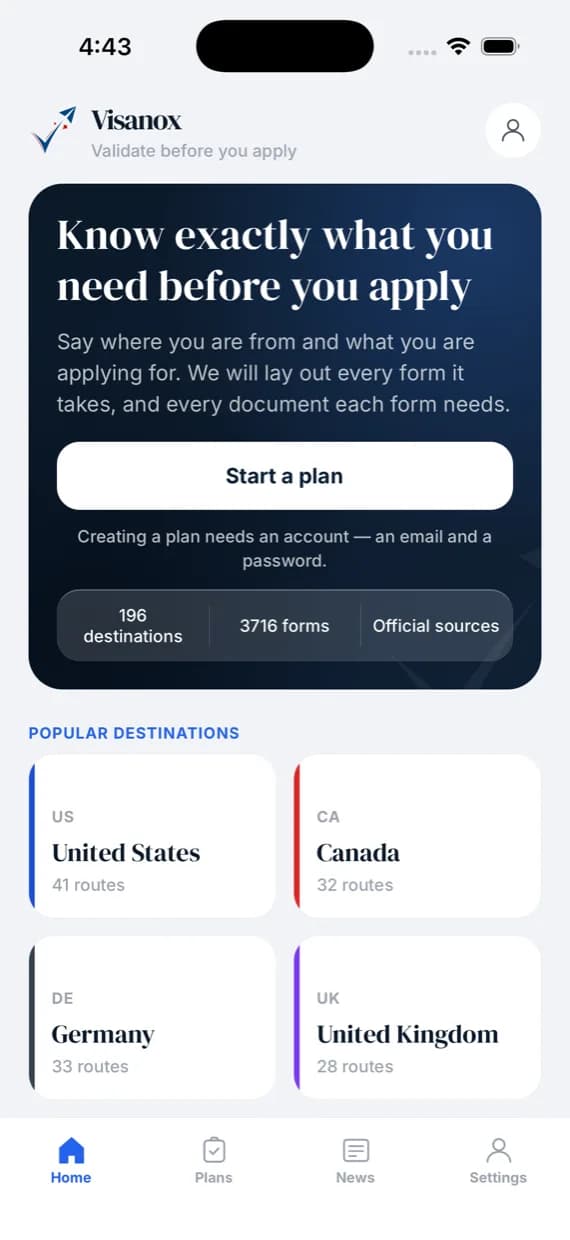 The vdaDocs home screen: a navy panel reading “Know exactly what you need before you apply”, a Start a plan button, and cards for the United States, Canada, Germany and the United Kingdom with the number of application routes each has.