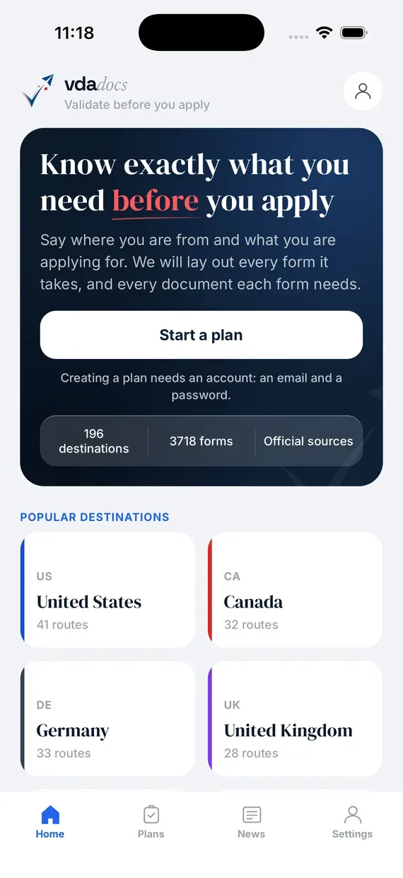 The vdaDocs home screen: a navy panel reading “Know exactly what you need before you apply”, a Start a plan button, and cards for the United States, Canada, Germany and the United Kingdom with the number of application routes each has.